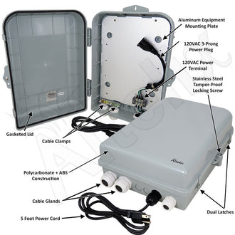 Altelix 15x10x5 NEMA 4X Polycarbonate + ABS Weatherproof Enclosure with Aluminum Mounting Plate, 120 VAC 3-Prong Power Plug and Power Cord - 0