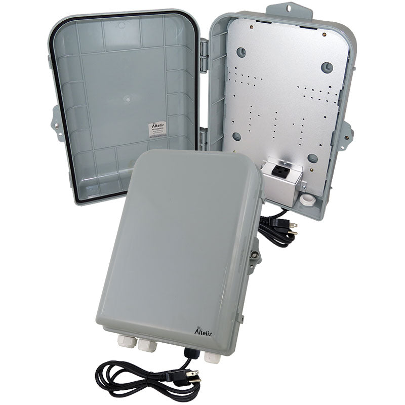 Altelix 15x10x5 NEMA 4X Polycarbonate + ABS Weatherproof Enclosure with Aluminum Mounting Plate, 120 VAC Outlet & Power Cord