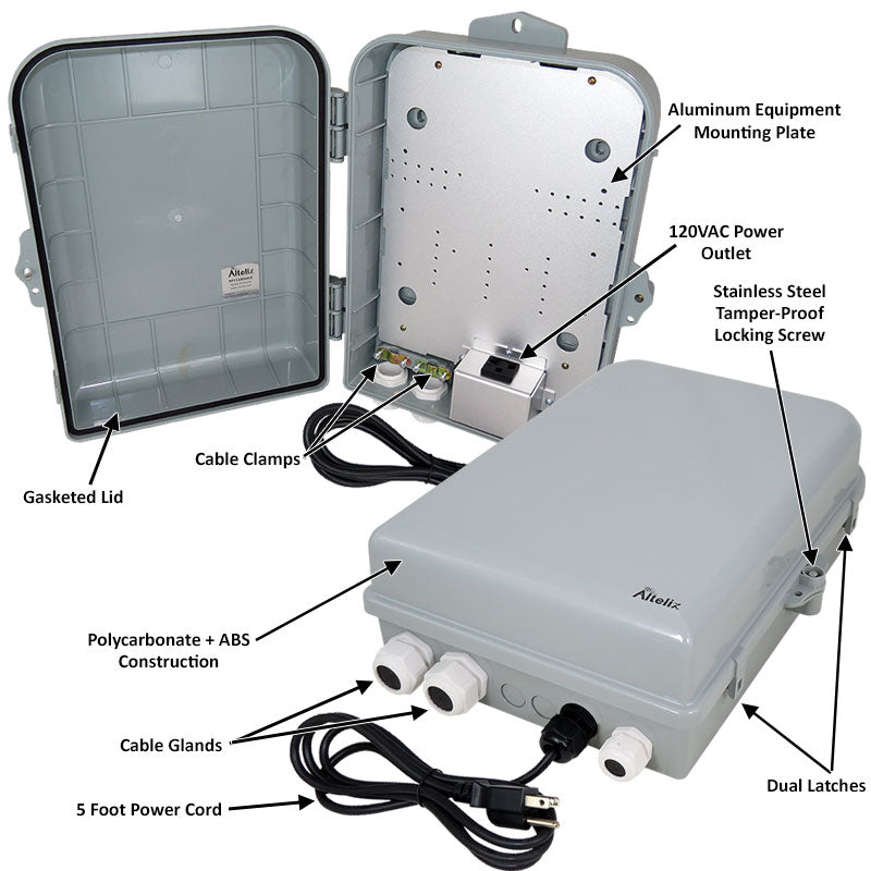 Altelix 15x10x5 NEMA 4X Polycarbonate + ABS Weatherproof Enclosure with Aluminum Mounting Plate, 120 VAC Outlet & Power Cord