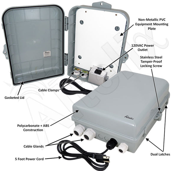 Altelix 15x10x5 PC+ABS NEMA 4X RF Transparent Outdoor WiFi Enclosure with No-Drill PVC Equipment Mounting Plate, 120 VAC Outlets & Power Cord