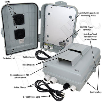 Altelix 15x10x5 Polycarbonate + ABS Vented Weatherproof Enclosure with Aluminum Mounting Plate, 120 VAC Power Terminal & Power Cord - 0