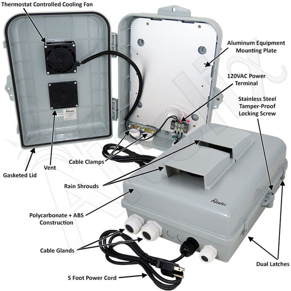 Altelix 15x10x5 Polycarbonate + ABS Vented Weatherproof Enclosure with 120VAC Cooling Fan, Power Terminal & Power Cord