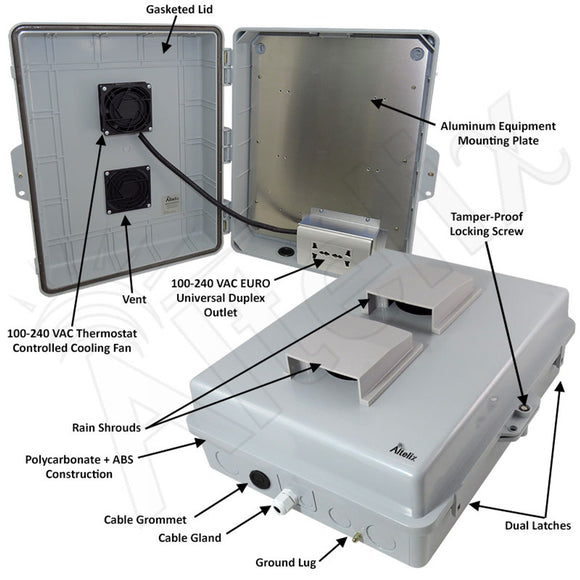 Altelix 17x14x6 Vented Polycarbonate + ABS Weatherproof NEMA Enclosure with 100-240 VAC Universal Power Outlet & Cooling Fan