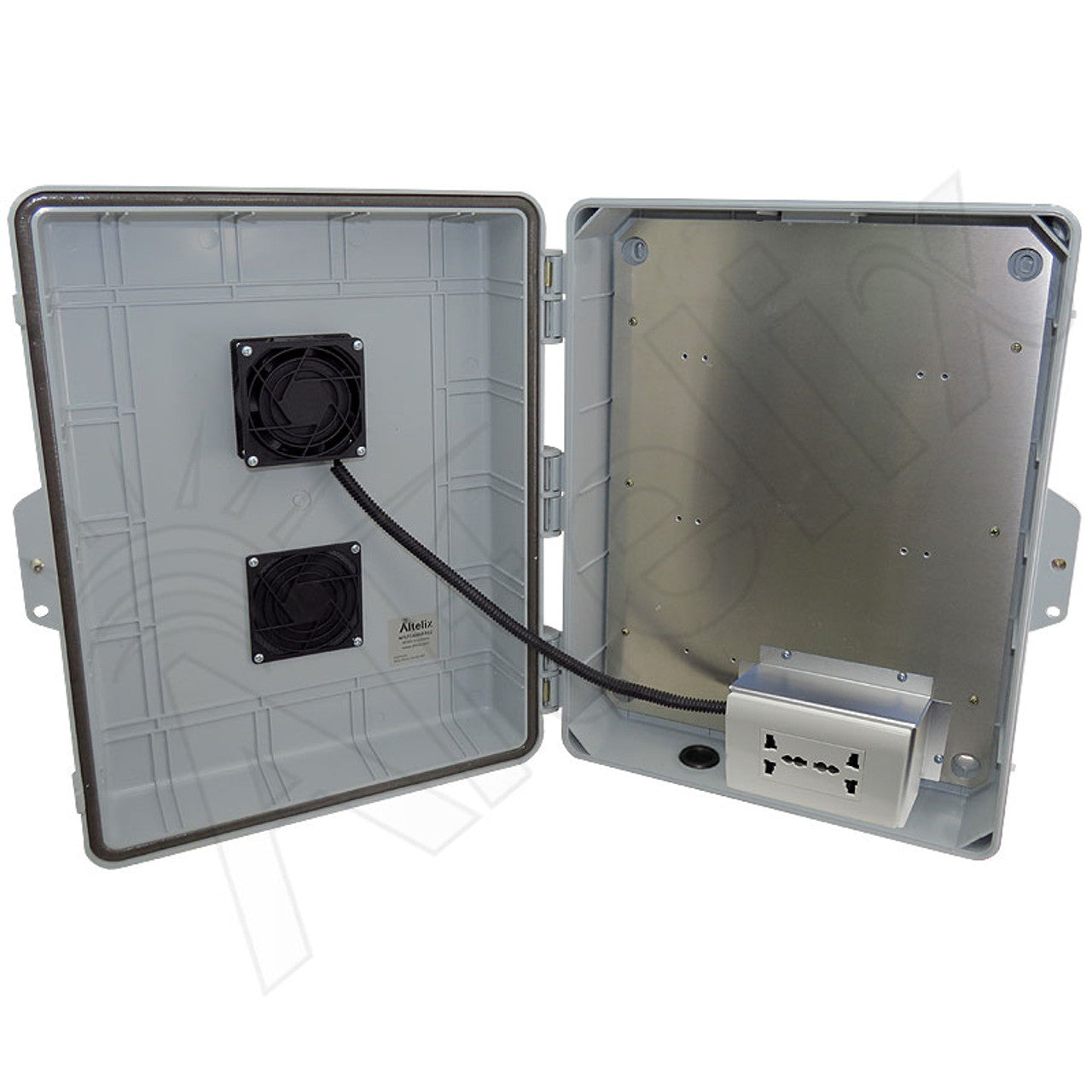 Altelix 17x14x6 Vented Polycarbonate + ABS Weatherproof NEMA Enclosure with 100-240 VAC Universal Power Outlet & Cooling Fan