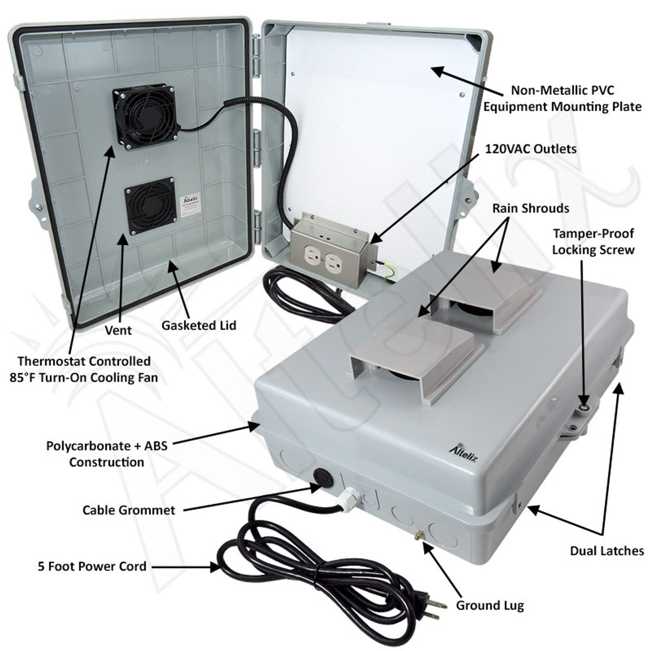 Altelix 17x14x6 Polycarbonate + ABS Vented RF Transparent Outdoor WiFi Enclosure with No-Drill PVC Equipment Mounting Plate, 85°F Turn-On Cooling Fan, 120 VAC Outlets & Power Cord