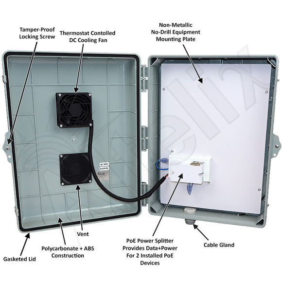 Altelix 17x14x6 PoE Powered Vented Polycarbonate + ABS Weatherproof NEMA Enclosure with DC Cooling Fan & 2-Port PoE Power Splitter