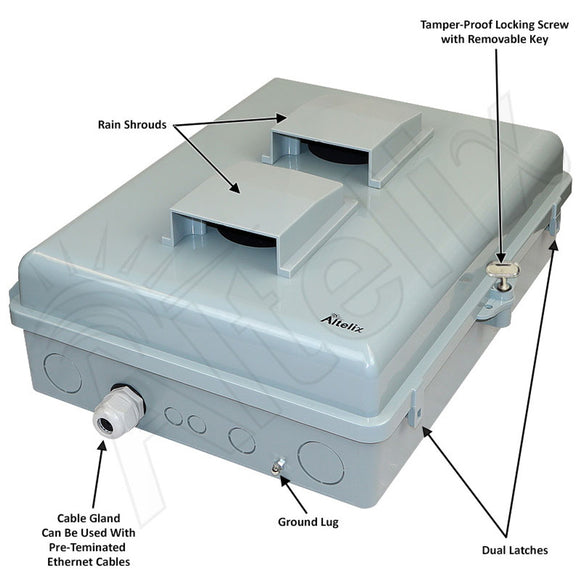 Altelix 17x14x6 PoE Powered Vented Polycarbonate + ABS Weatherproof NEMA Enclosure with DC Cooling Fan & 2-Port PoE Power Splitter