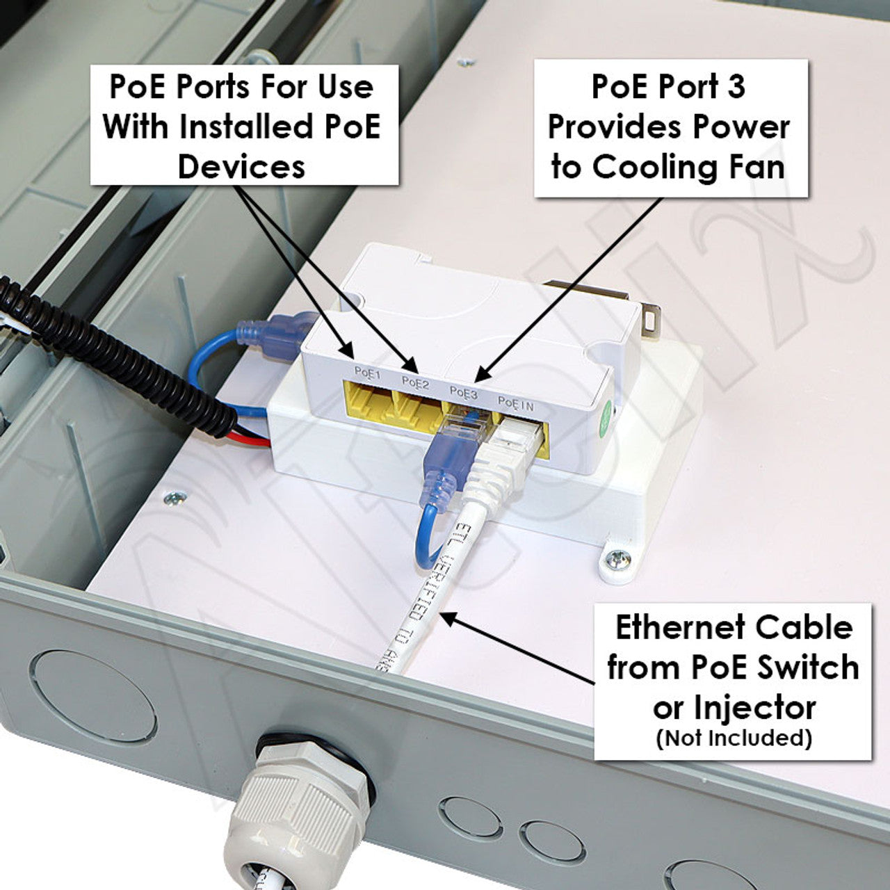 Altelix 17x14x6 PoE Powered Vented Polycarbonate + ABS Weatherproof NEMA Enclosure with DC Cooling Fan & 2-Port PoE Power Splitter