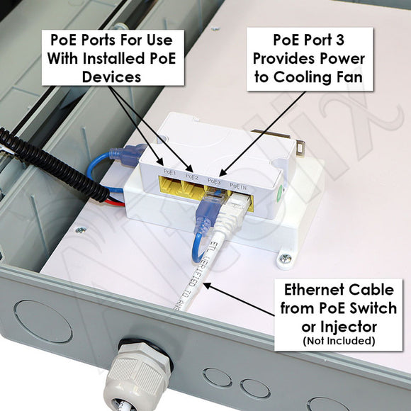 Altelix 17x14x6 PoE Powered Vented Polycarbonate + ABS Weatherproof NEMA Enclosure with DC Cooling Fan & 2-Port PoE Power Splitter