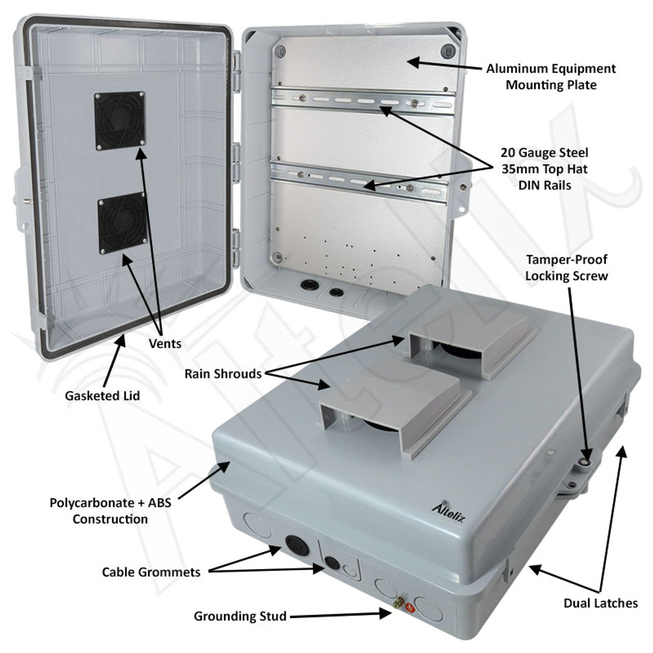 Altelix 17x14x6 Vented DIN Rail Polycarbonate + ABS Weatherproof NEMA Enclosure