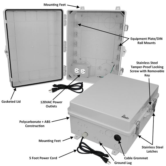 Altelix 17x14x7 Polycarbonate + ABS NEMA 4X RF Transparent Outdoor WiFi Enclosure with 120 VAC Outlets & Power Cord