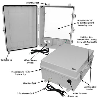 Altelix 17x14x7 Polycarbonate + ABS NEMA 4X RF Transparent Outdoor WiFi Enclosure with No-Drill PVC Equipment Mounting Plate, 120 VAC Outlets & Power Cord - 0