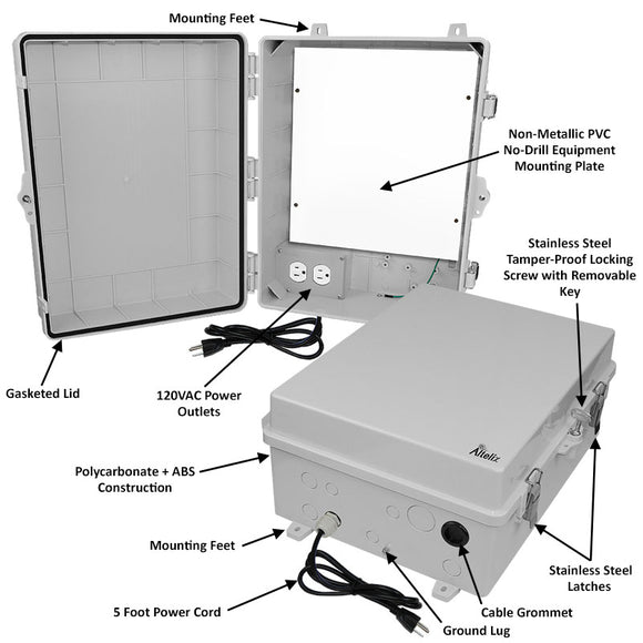 Altelix 17x14x7 Polycarbonate + ABS NEMA 4X RF Transparent Outdoor WiFi Enclosure with No-Drill PVC Equipment Mounting Plate, 120 VAC Outlets & Power Cord