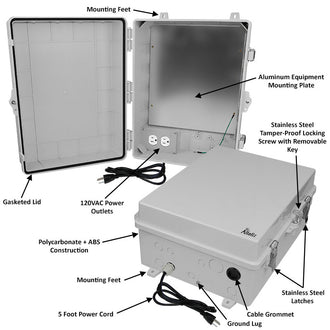 Altelix 17x14x7 Polycarbonate + ABS NEMA 4X Enclosure with Aluminum Equipment Mounting Plate, 120 VAC Outlets & Power Cord