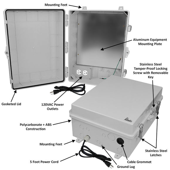 Altelix 17x14x7 Polycarbonate + ABS NEMA 4X Enclosure with Aluminum Equipment Mounting Plate, 120 VAC Outlets & Power Cord