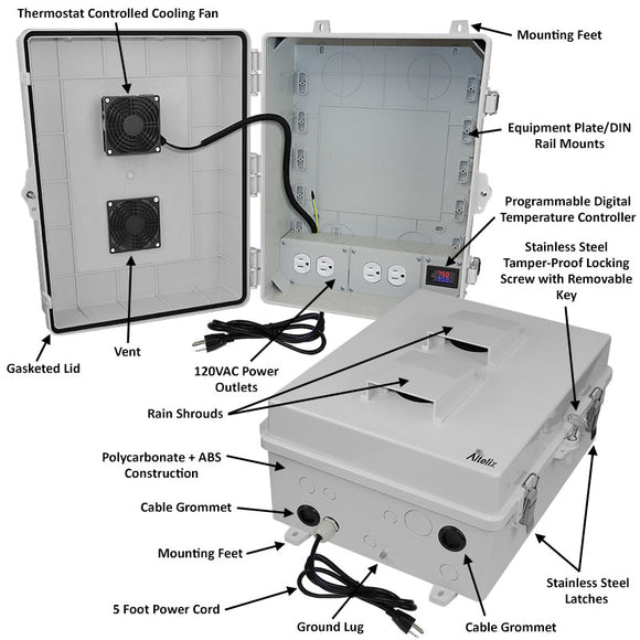 Altelix 17x14x9 Polycarbonate + ABS Vented RF Transparent Outdoor WiFi Enclosure with 120 VAC Outlets, Power Cord & Cooling Fan with Digital Temperature Controller