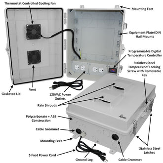 Altelix 17x14x7 Polycarbonate + ABS Vented RF Transparent Outdoor WiFi Enclosure with 120 VAC Outlets, Power Cord & Cooling Fan with Digital Temperature Controller
