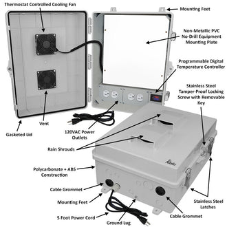 Altelix 17x14x9 Polycarbonate + ABS Vented RF Transparent Outdoor WiFi Enclosure with No-Drill PVC Equipment Mounting Plate, 120 VAC Outlets, Power Cord & Cooling Fan with Digital Temperature Controller