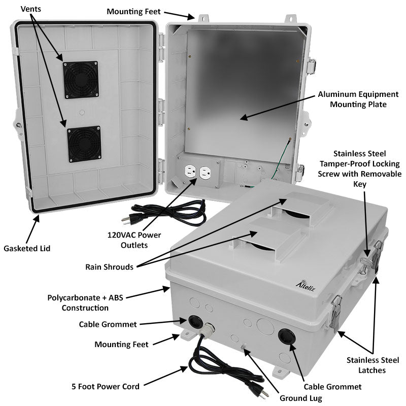 Altelix 17x14x7 Polycarbonate + ABS Vented Enclosure with Aluminum Equipment Mounting Plate, 120 VAC Outlets & Power Cord