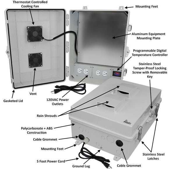 Altelix 17x14x7 Polycarbonate + ABS Vented Enclosure with Aluminum Equipment Mounting Plate, 120 VAC Outlets, Power Cord & Cooling Fan with Digital Temperature Controller