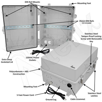 Altelix 17x14x9 Polycarbonate + ABS NEMA 4X DIN Rail Enclosure with 120 VAC Outlets & Power Cord - 0
