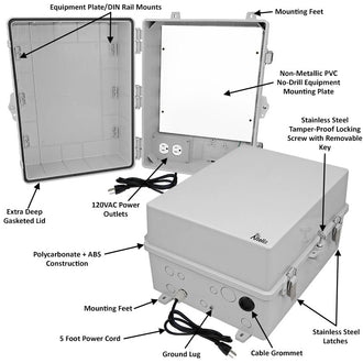 Altelix 17x14x9 Polycarbonate + ABS NEMA 4X RF Transparent Outdoor WiFi Enclosure with No-Drill PVC Equipment Mounting Plate, 120 VAC Outlets & Power Cord - 0