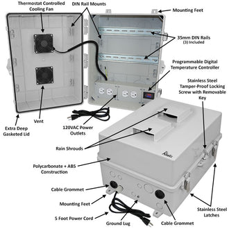 Altelix 17x14x9 Polycarbonate + ABS Vented DIN Rail Enclosure with 120 VAC Outlets, Power Cord & Cooling Fan with Digital Temperature Controller