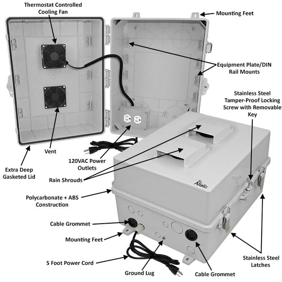 Altelix 17x14x9 Polycarbonate + ABS Vented RF Transparent Outdoor WiFi Enclosure with Cooling Fan, 120 VAC Outlets & Power Cord