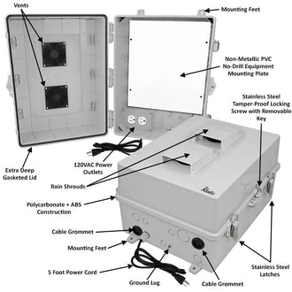 Altelix 17x14x9 Polycarbonate + ABS Vented RF Transparent Outdoor WiFi Enclosure with No-Drill PVC Equipment Mounting Plate, 120 VAC Outlets & Power Cord - 0