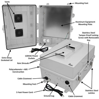 Altelix 17x14x9 Polycarbonate + ABS Vented Enclosure with Aluminum Equipment Mounting Plate, 120 VAC Outlets & Power Cord - 0