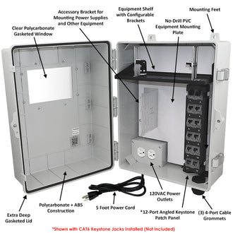 Altelix Network Distribution Enclosure - Polycarbonate + ABS NEMA 4X Weatherproof Enclosure with Viewing Window, 12-Port Blank Patch Panel, 120 VAC Outlets & Power Cord - 0