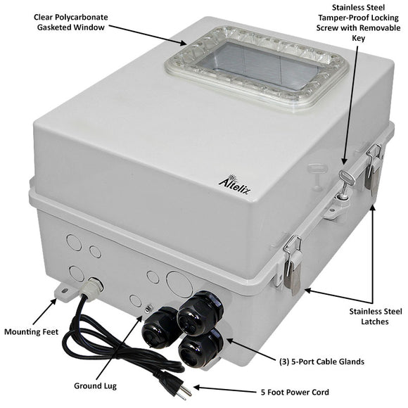 Altelix Network Distribution Enclosure - Polycarbonate + ABS NEMA 4X Weatherproof Enclosure with Viewing Window, 12-Port Blank Patch Panel, 120 VAC Outlets & Power Cord