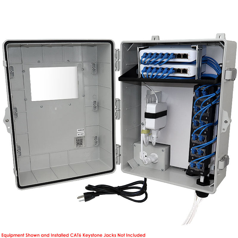 Altelix Network Distribution Enclosure - Polycarbonate + ABS NEMA 4X Weatherproof Enclosure with Viewing Window, 12-Port Blank Patch Panel, 120 VAC Outlets & Power Cord