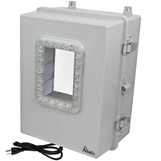 Altelix Windowed 120VAC Enclosure - 12x9x7 Polycarbonate + ABS NEMA 4X Enclosure with Window, PVC Non-Metallic Equipment Mounting Plate, 120VAC Outlets & Power Cord