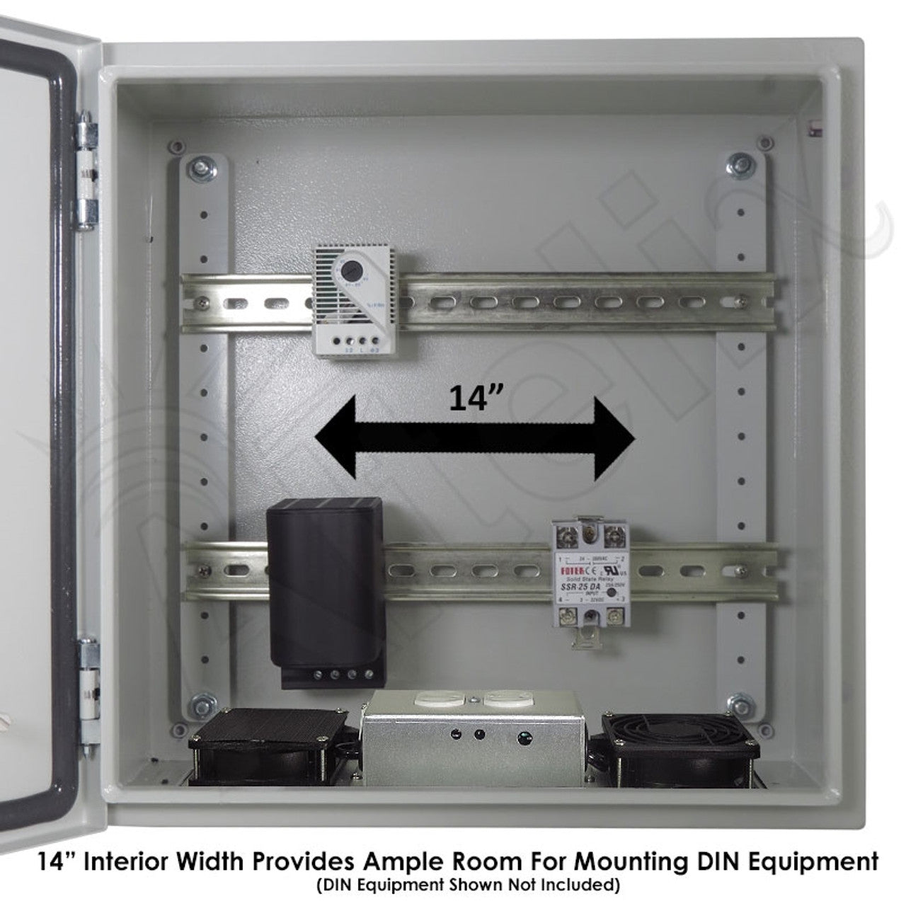 Altelix 16x16x8 Industrial DIN Rail Steel Weatherproof NEMA Enclosure with Dual Cooling Fans, 120 VAC Outlets and Power Cord