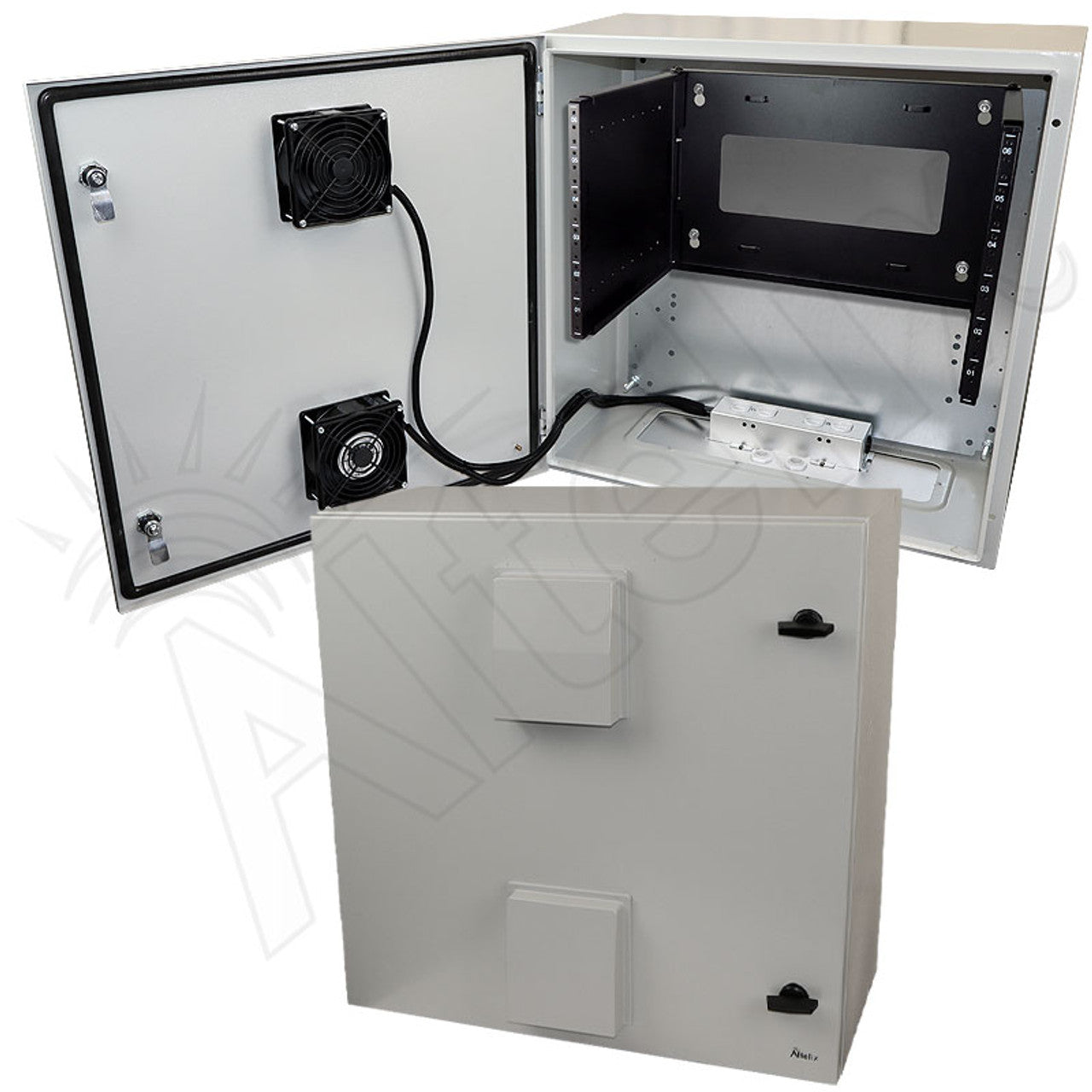 Altelix 24x24x12 19" Wide 6U Rack Steel Weatherproof NEMA Enclosure with Dual Door Mounted Cooling Fans, Dual 120 VAC Duplex Outlets and Power Cord