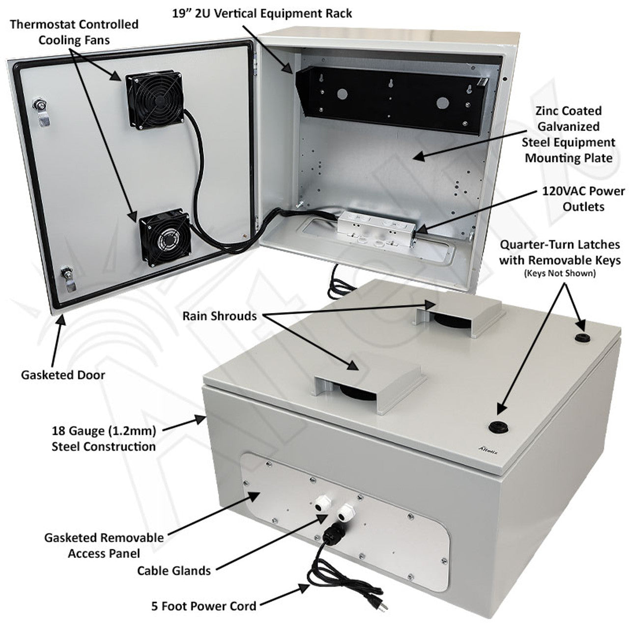 Altelix 24x24x12 19" Wide 2U Vertical Rack Steel Weatherproof NEMA Enclosure with Dual Door Mounted Cooling Fans, Dual 120 VAC Duplex Outlets and Power Cord
