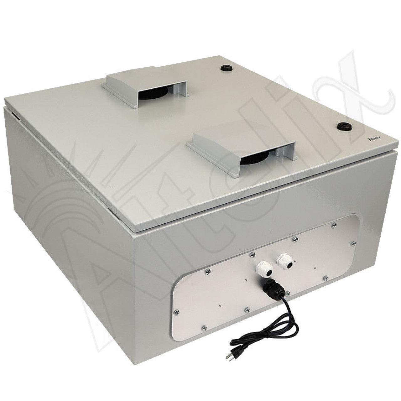 Altelix 24x24x12 Steel Weatherproof NEMA Enclosure with Dual Door Mounted Cooling Fans, Dual 120 VAC Duplex Outlets and Power Cord