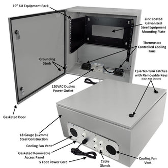 Altelix 24x24x12 19" Wide 6U Rack Steel Weatherproof NEMA Enclosure with Dual Cooling Fans, Single 120 VAC Duplex Outlet and Power Cord - 0