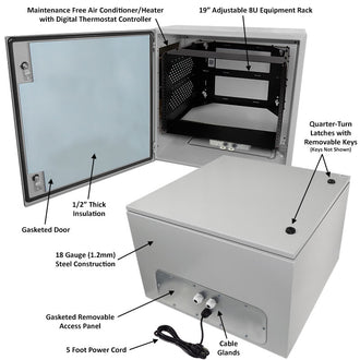 Altelix Air Conditioned Enclosure with Heat and 8U Equipment Rack - Steel Weatherproof NEMA 4X Rated with 120VAC Power Outlets
