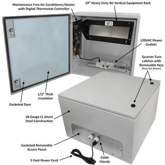 Altelix Air Conditioned Enclosure with Heat and Vertical 4U Equipment Rack - Steel Weatherproof NEMA 4X Rated with 120VAC Power Outlets