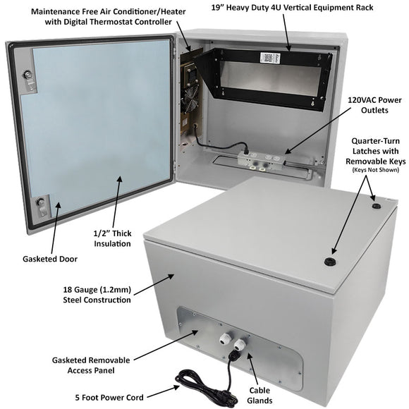 Altelix Air Conditioned Enclosure with Heat and Vertical 4U Equipment Rack - Steel Weatherproof NEMA 4X Rated with 120VAC Power Outlets
