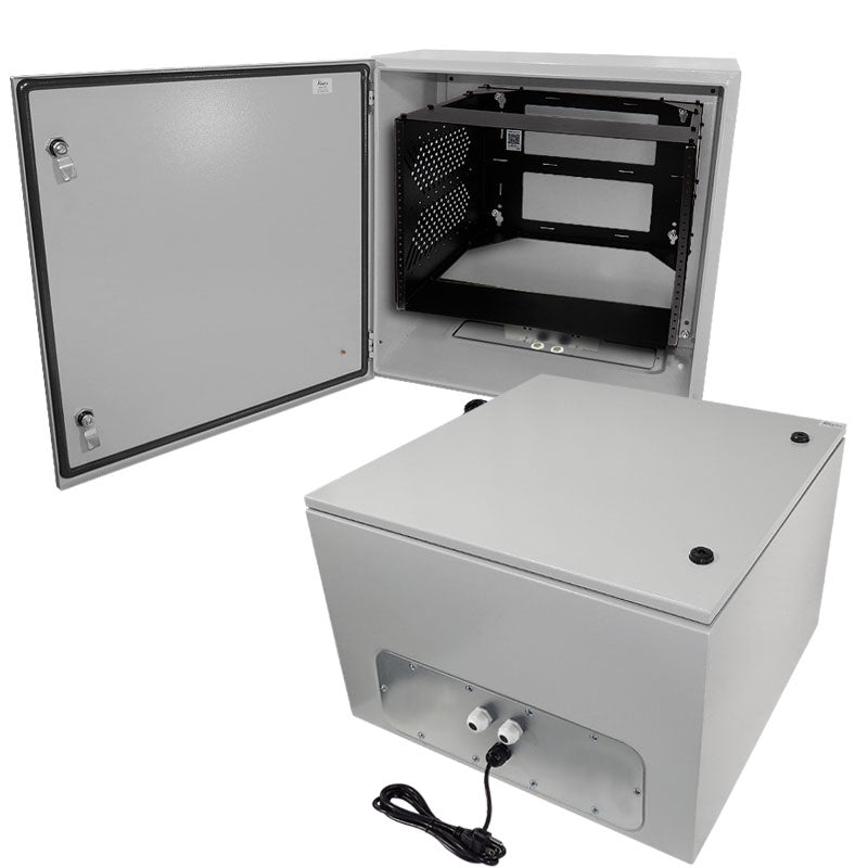 Altelix NEMA 4X Steel Weatherproof Enclosure with Heavy Duty 19" Adjustable 8U Rack Frame, Dual 120 VAC Duplex Outlets and Power Cord