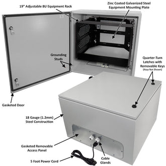 Altelix NEMA 4X Steel Weatherproof Enclosure with Heavy Duty 19" Adjustable 8U Rack Frame, Dual 120 VAC Duplex Outlets and Power Cord - 0