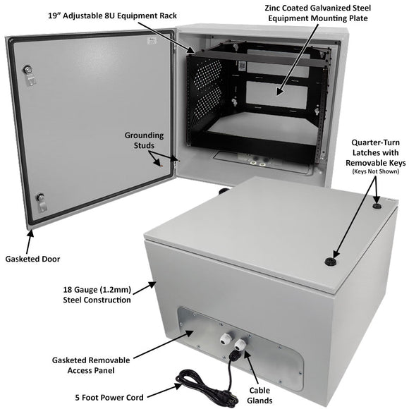 Altelix NEMA 4X Steel Weatherproof Enclosure with Heavy Duty 19" Adjustable 8U Rack Frame, Dual 120 VAC Duplex Outlets and Power Cord