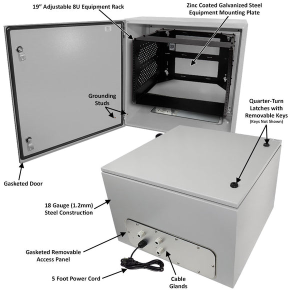 Altelix NEMA 4X Steel Weatherproof Enclosure with Heavy Duty 19" Wide Adjustable 8U Rack Frame, Single 120 VAC Duplex Outlet and Power Cord