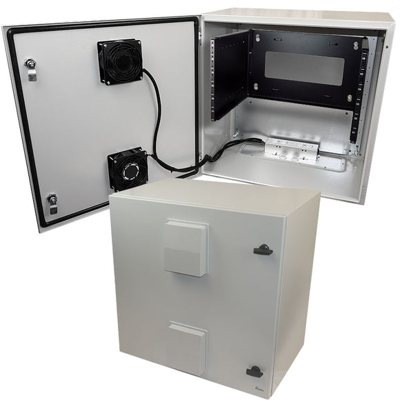 Altelix Steel Weatherproof NEMA Enclosure with 19" Wide 6U Rack Frame, Dual Door Mounted Cooling Fans + Optional Bottom Fans, Dual 120 VAC Duplex Outlets and Power Cord