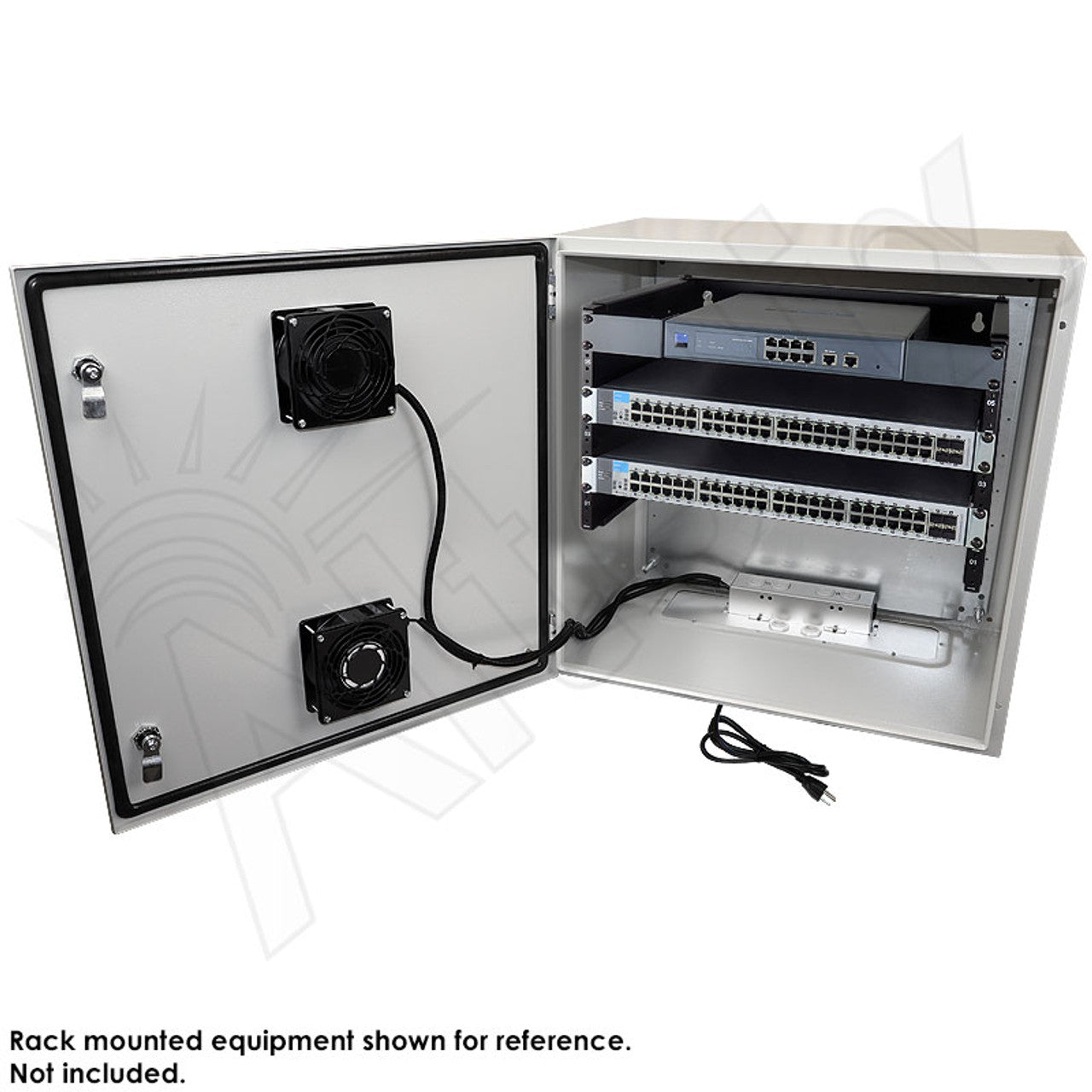 Altelix 24x24x16 Steel Weatherproof NEMA Enclosure with 19" Wide 6U Rack Frame, Dual Door Mounted Cooling Fans, Dual 120 VAC Duplex Outlets and Power Cord - 0