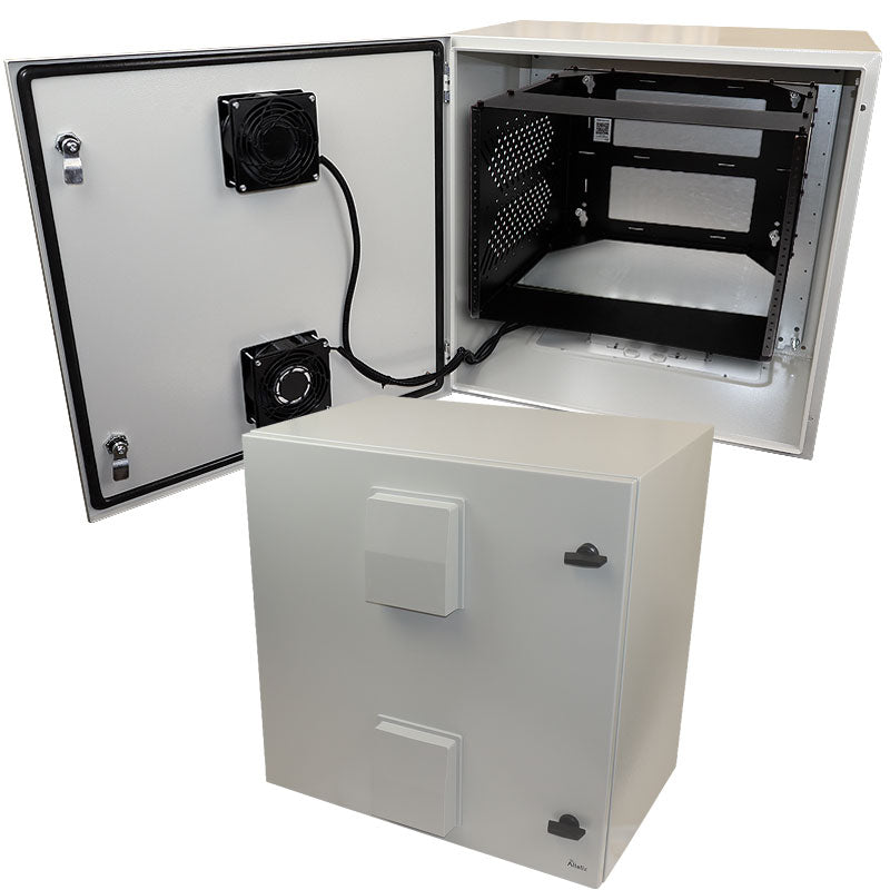 Altelix 24x24x16 Steel Weatherproof NEMA Enclosure with Heavy Duty 19" Wide Adjustable 8U Rack Frame, Dual Door Mounted Cooling Fans, Dual 120 VAC Duplex Outlets and Power Cord