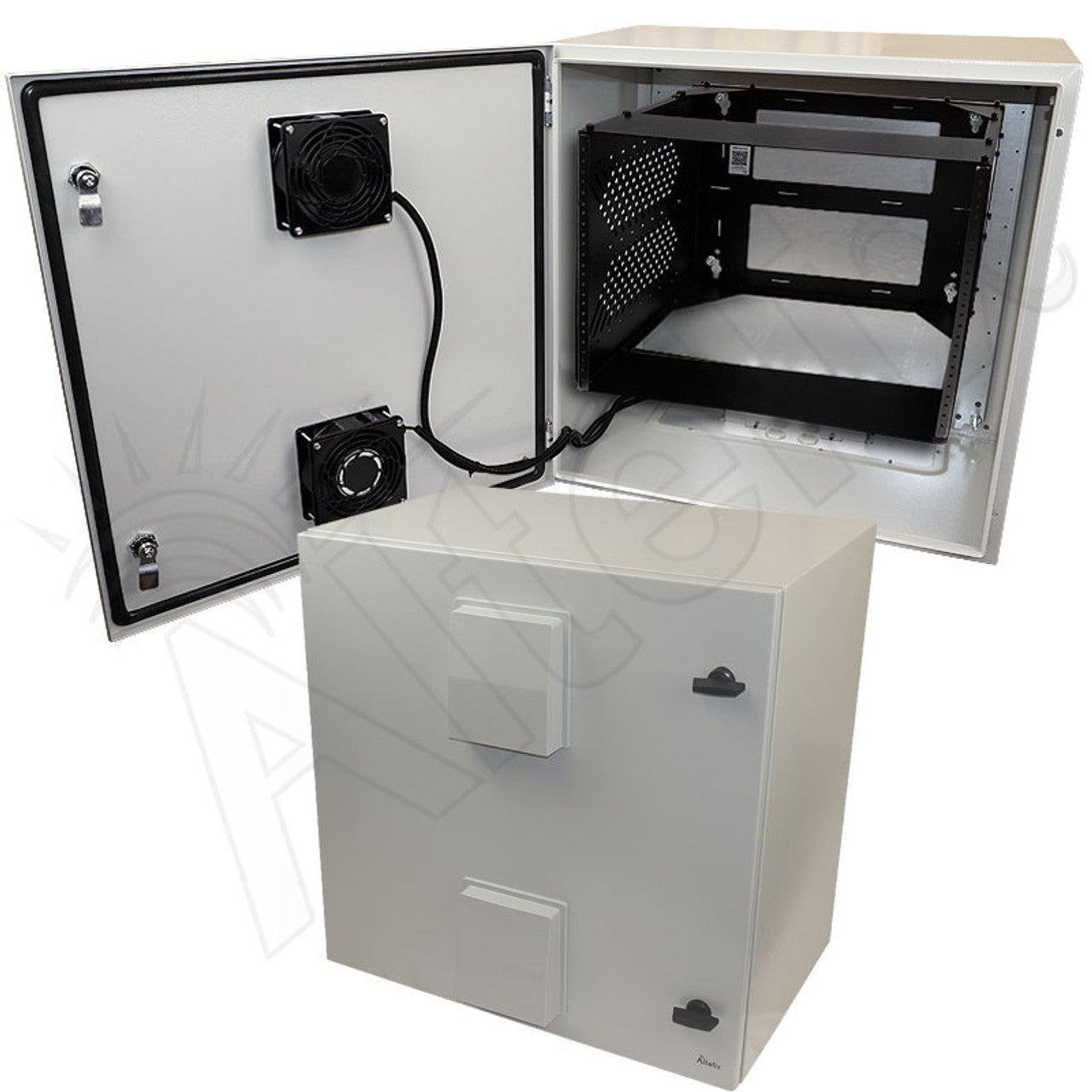 Altelix 24x24x16 Steel Weatherproof NEMA Enclosure with Heavy Duty 19" Wide Adjustable 8U Rack Frame, Dual Door Mounted Cooling Fans, Dual 120 VAC Duplex Outlets and Power Cord